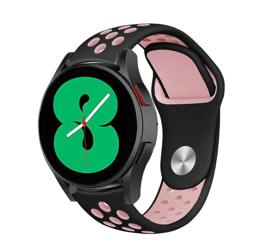 Silicone Sport Strap, black/pink, on a watch, 3/4 front view