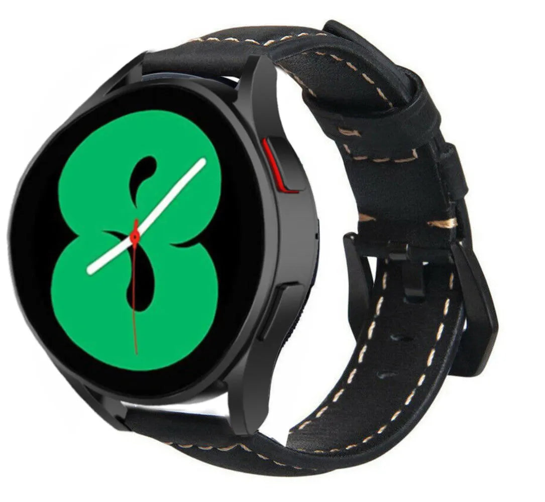 Leather Strap, black, on a watch, 3/4 front view