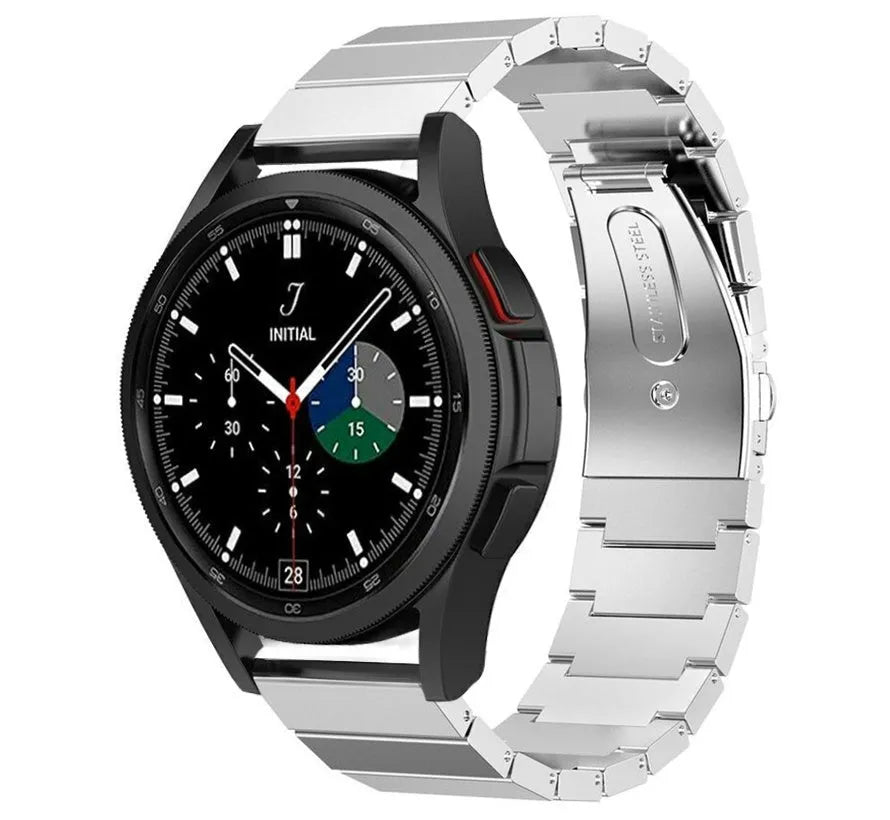Premium Metal Strap, silver, on a watch, 3/4 front view