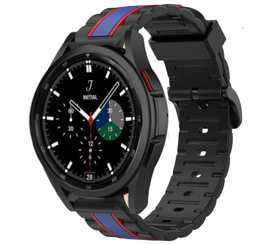 Silicone Special Edition Strap, black/blue, on a watch, 3/4 front view