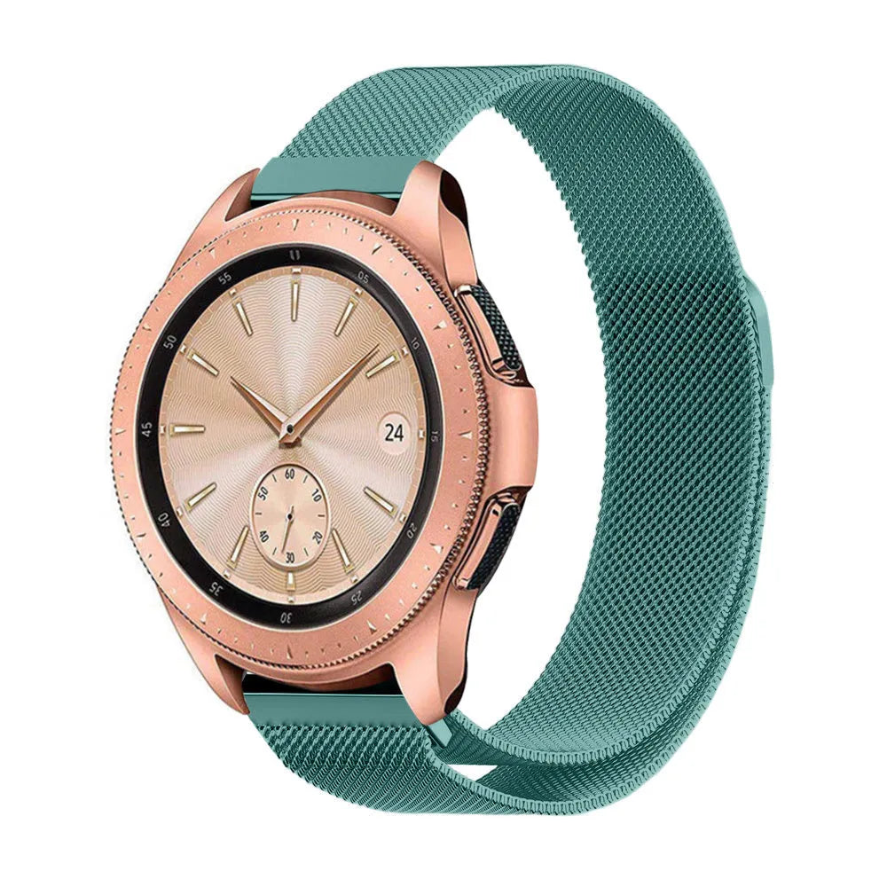 Milanese Strap, green, on a watch, 3/4 front view