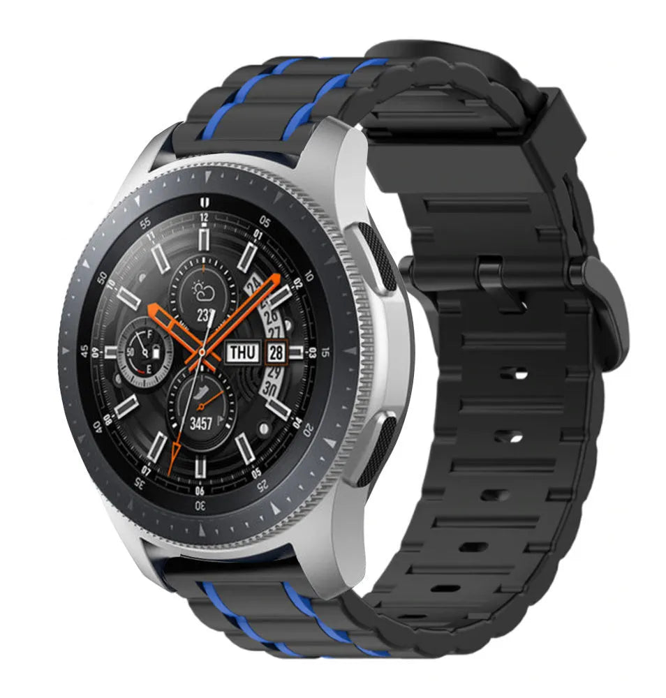 Silicone Sport Strap with Buckle, black/blue, on a watch, 3/4 front view