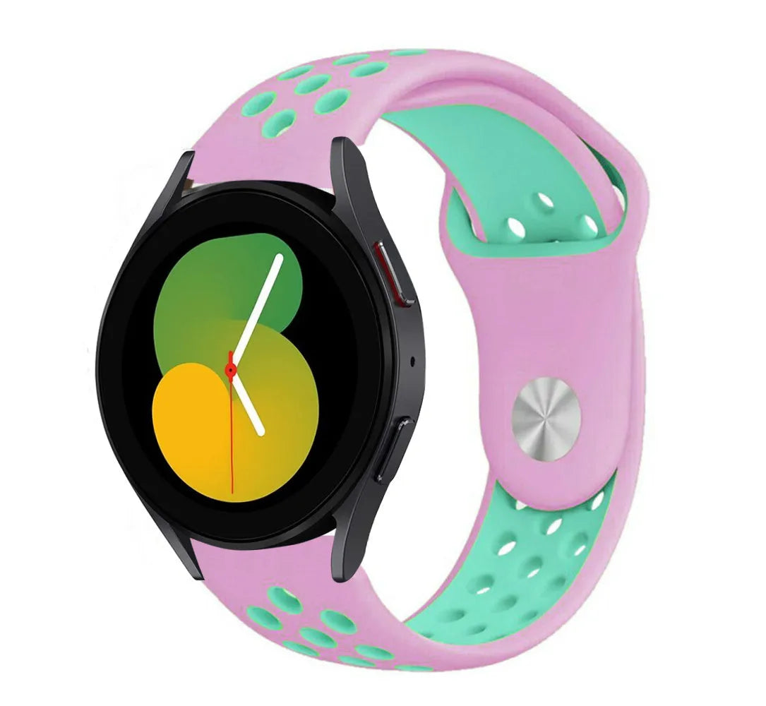 Silicone Sport Strap, pink/aqua, on a watch, 3/4 front view