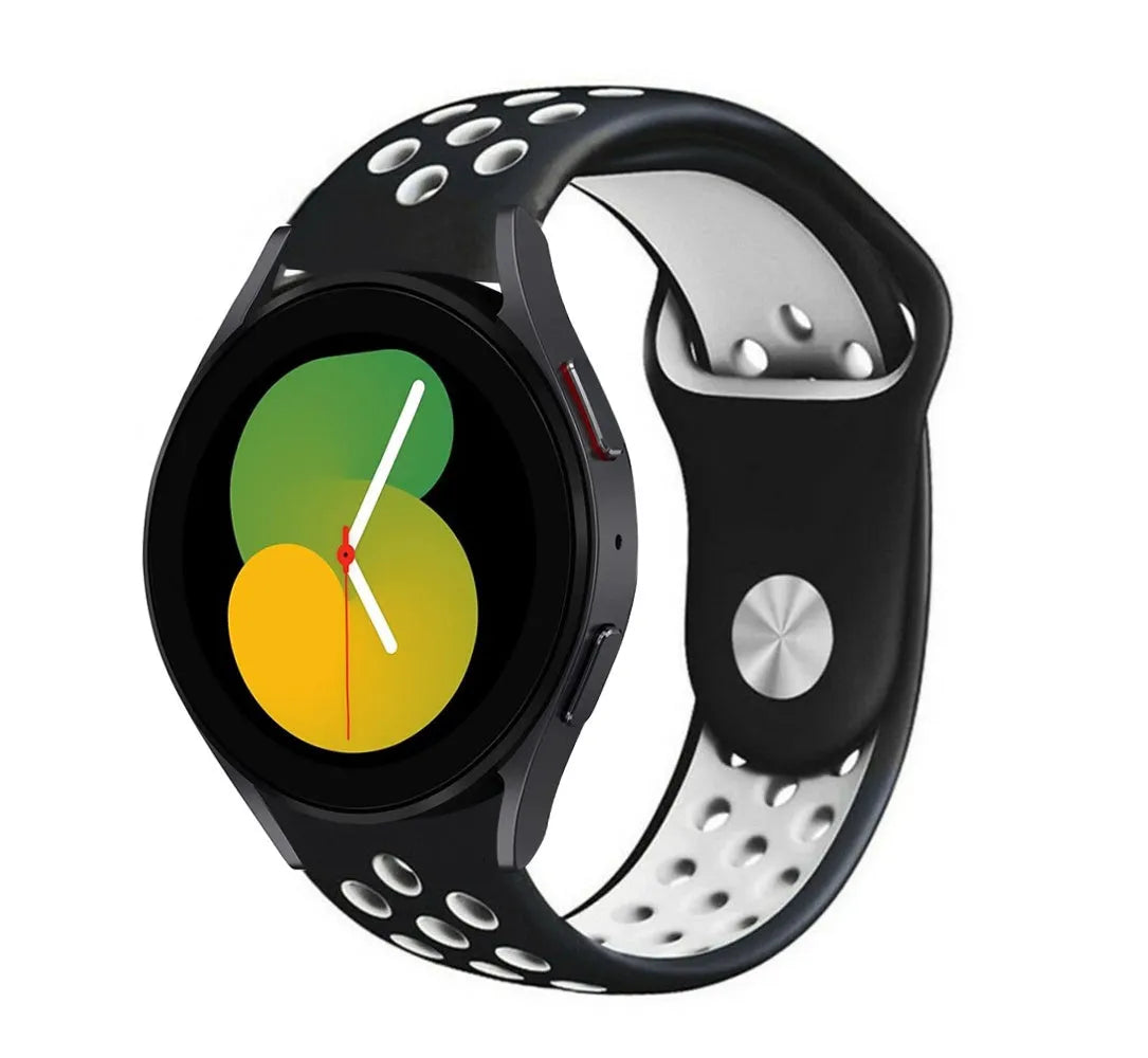 Silicone Sport Strap, black/white, on a watch, 3/4 front view