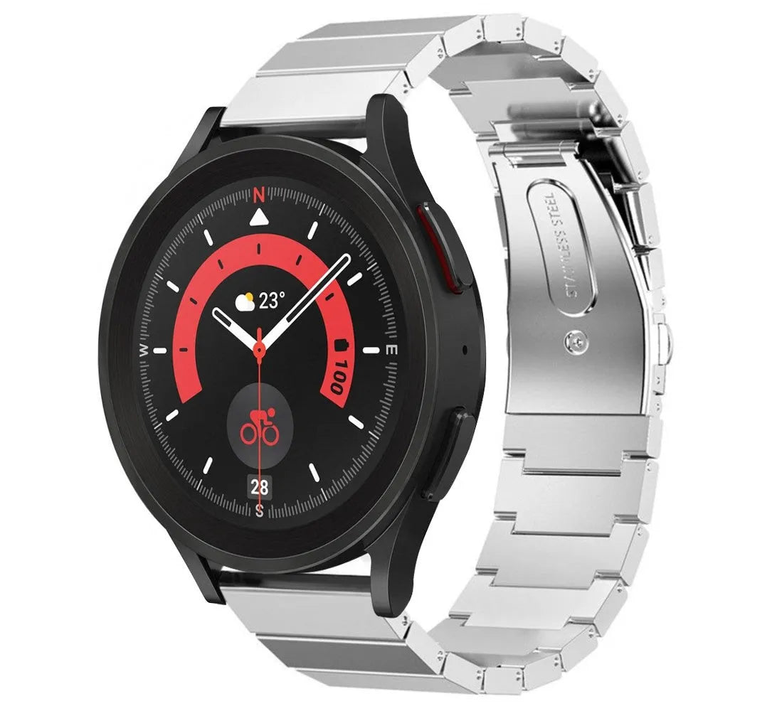 Premium Metal Strap, silver, on a watch, 3/4 front view