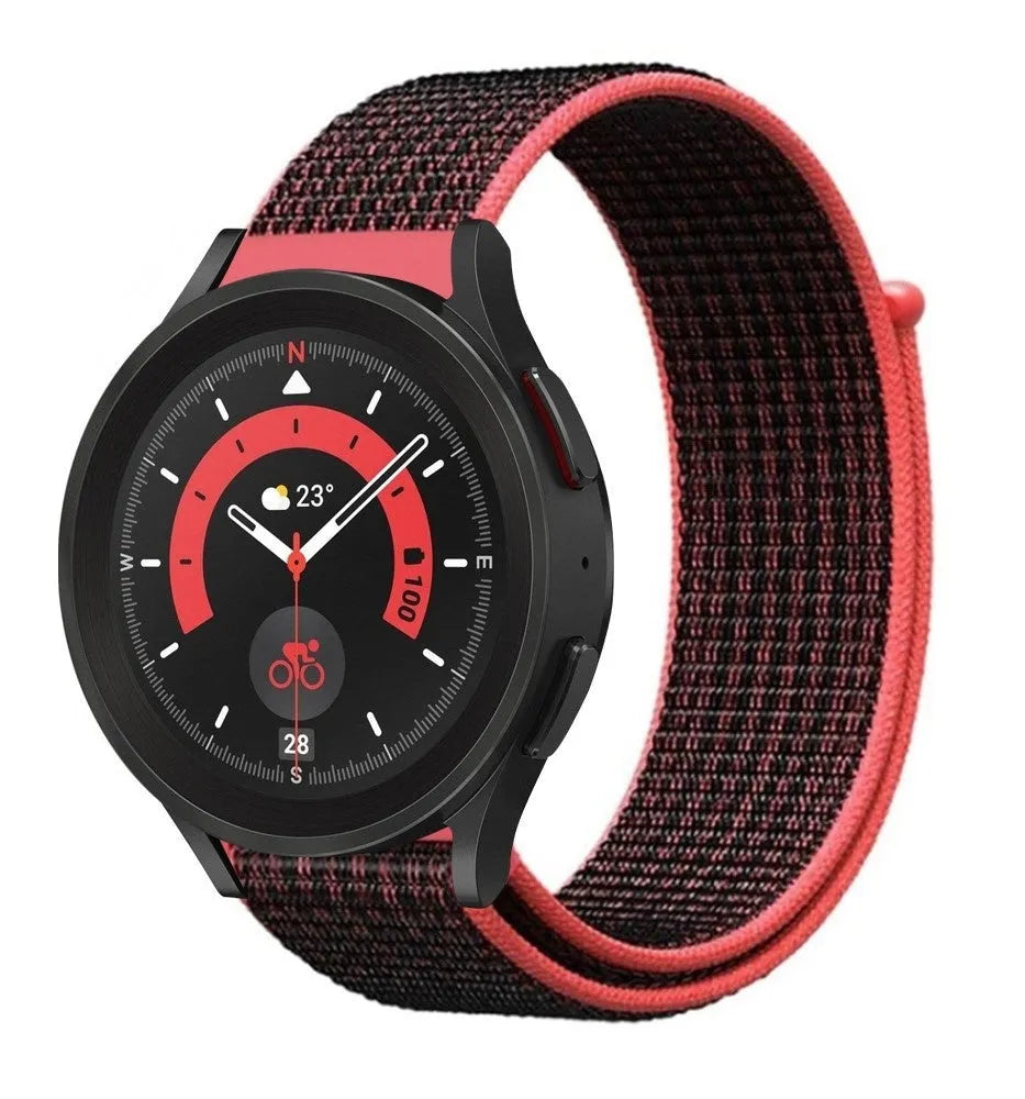 Nylon Strap, black/coral, on a watch, 3/4 front view