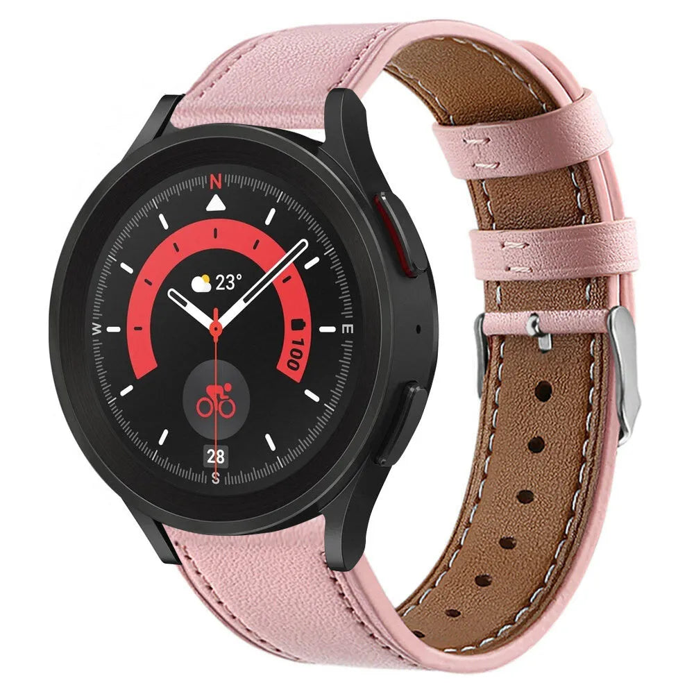 Modern Leather Strap, pink, on a watch, 3/4 front view