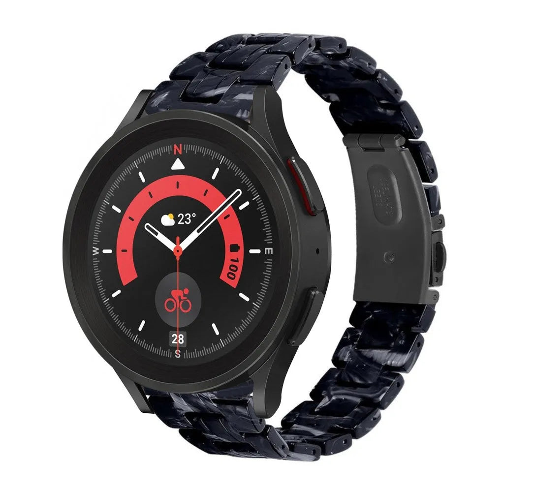 Metal Resin Strap, black/white, on a watch, 3/4 front view