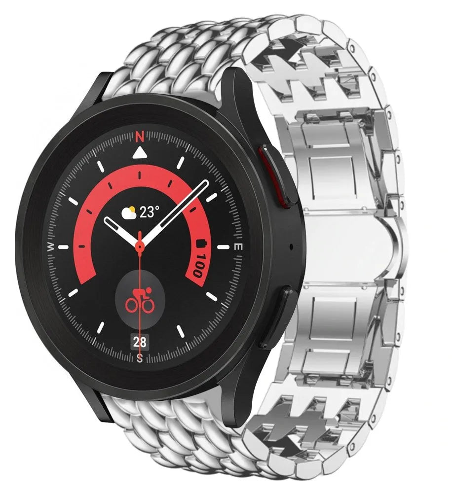 Steel Dragon Strap, silver, on a watch, 3/4 front view
