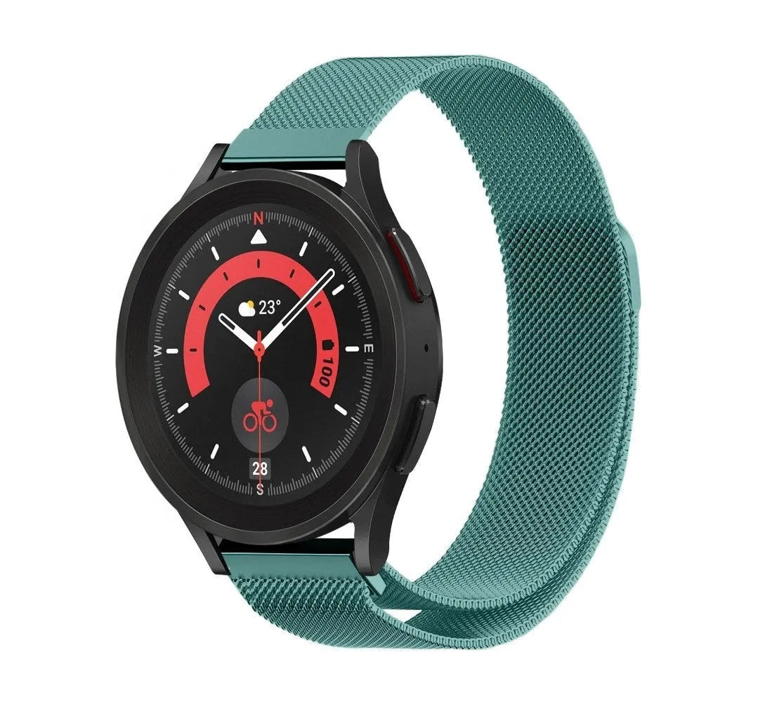 Milanese Strap, green, on a watch, 3/4 front view