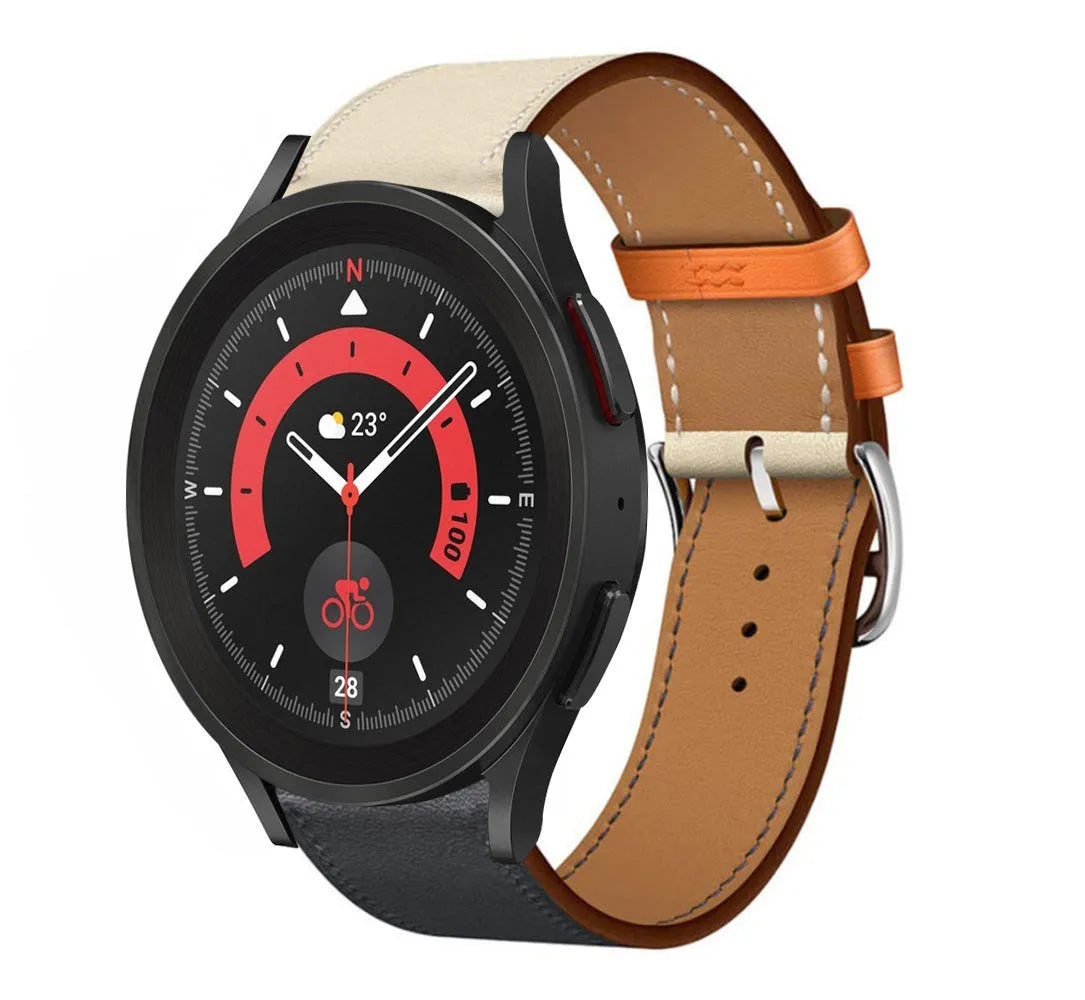 Leather Strap 'Duo', dark blue, on a watch, 3/4 front view
