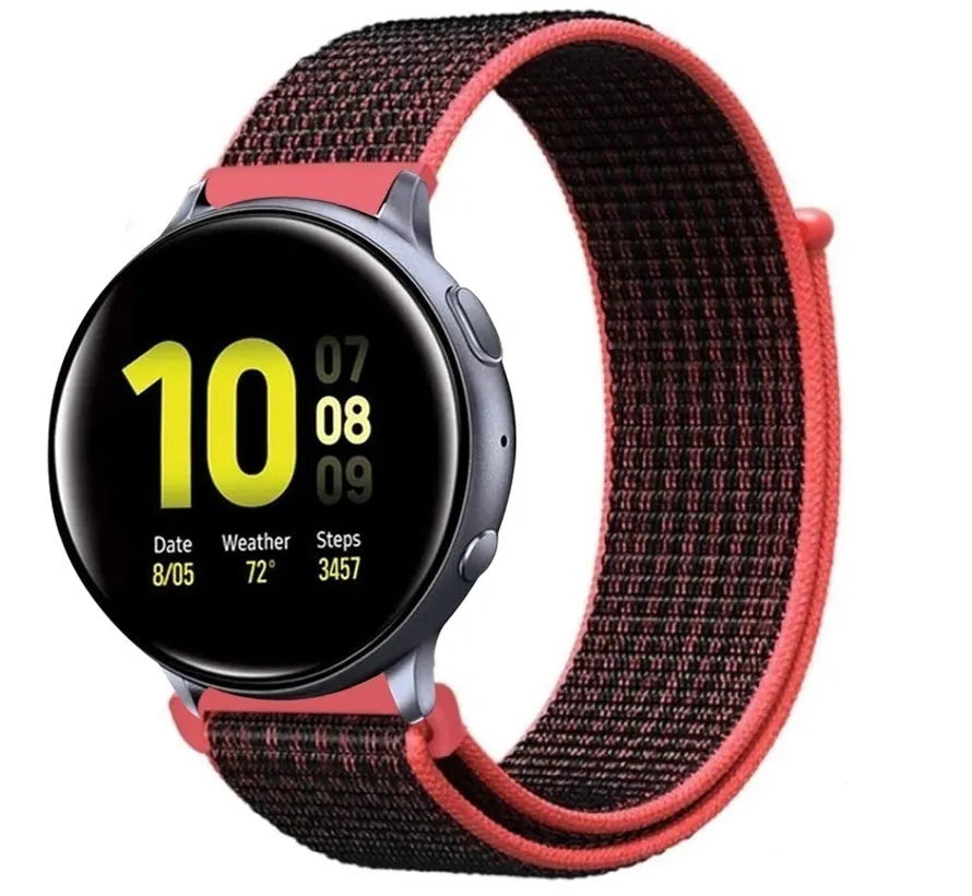 Nylon Strap, black/coral, on a watch, 3/4 front view