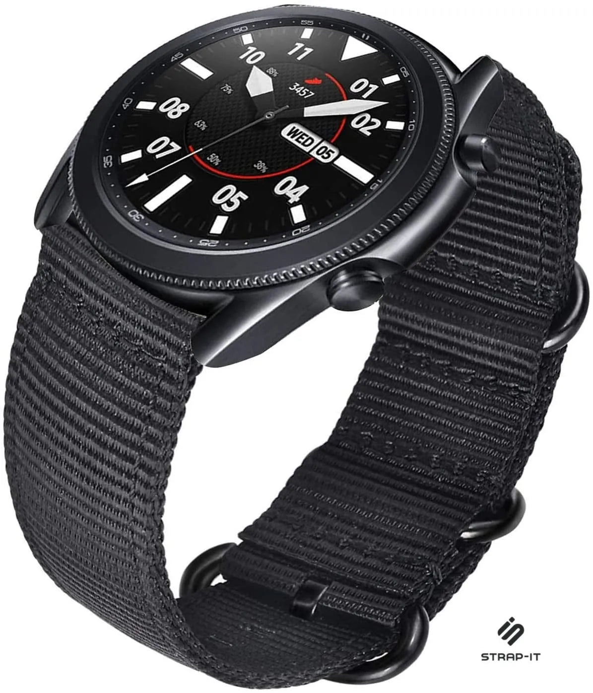 Nylon Buckle Strap, black, on a watch, 3/4 front view