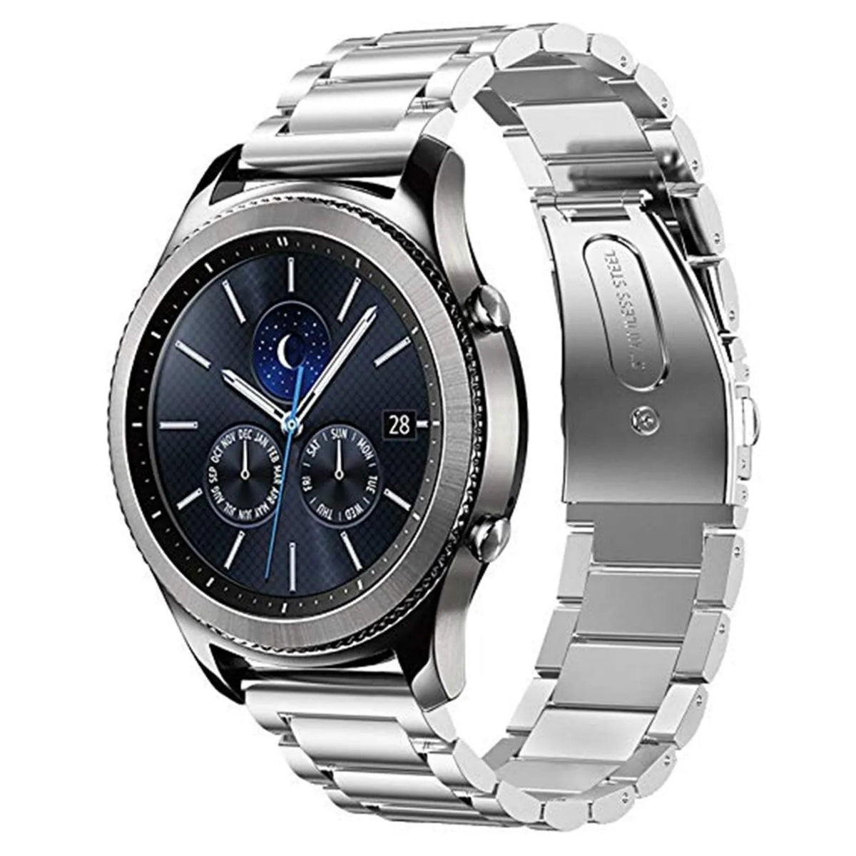 Steel Strap, silver, on a watch, 3/4 front view