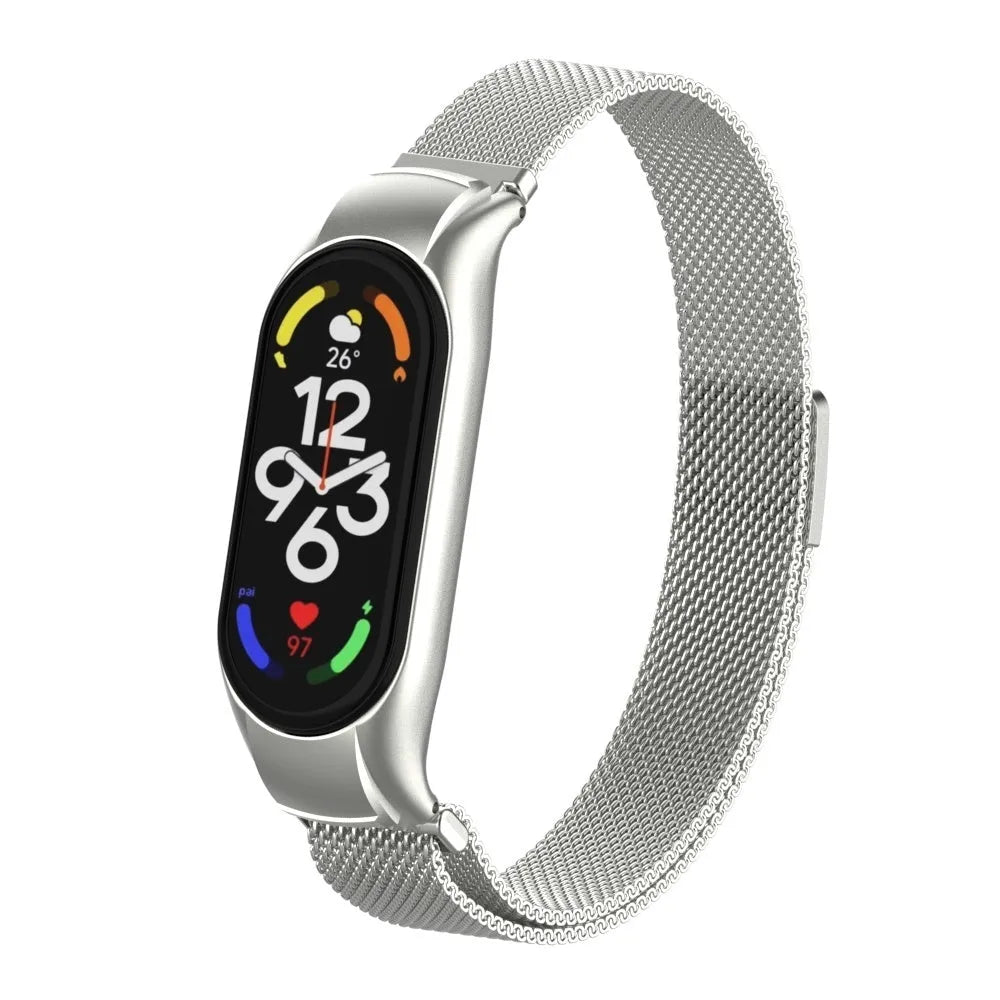 Milanese Strap, silver, on a watch, 3/4 front view