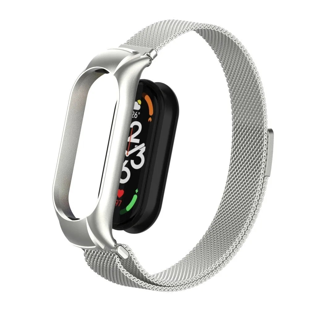 Milanese Strap, silver, on a watch, 3/4 front view