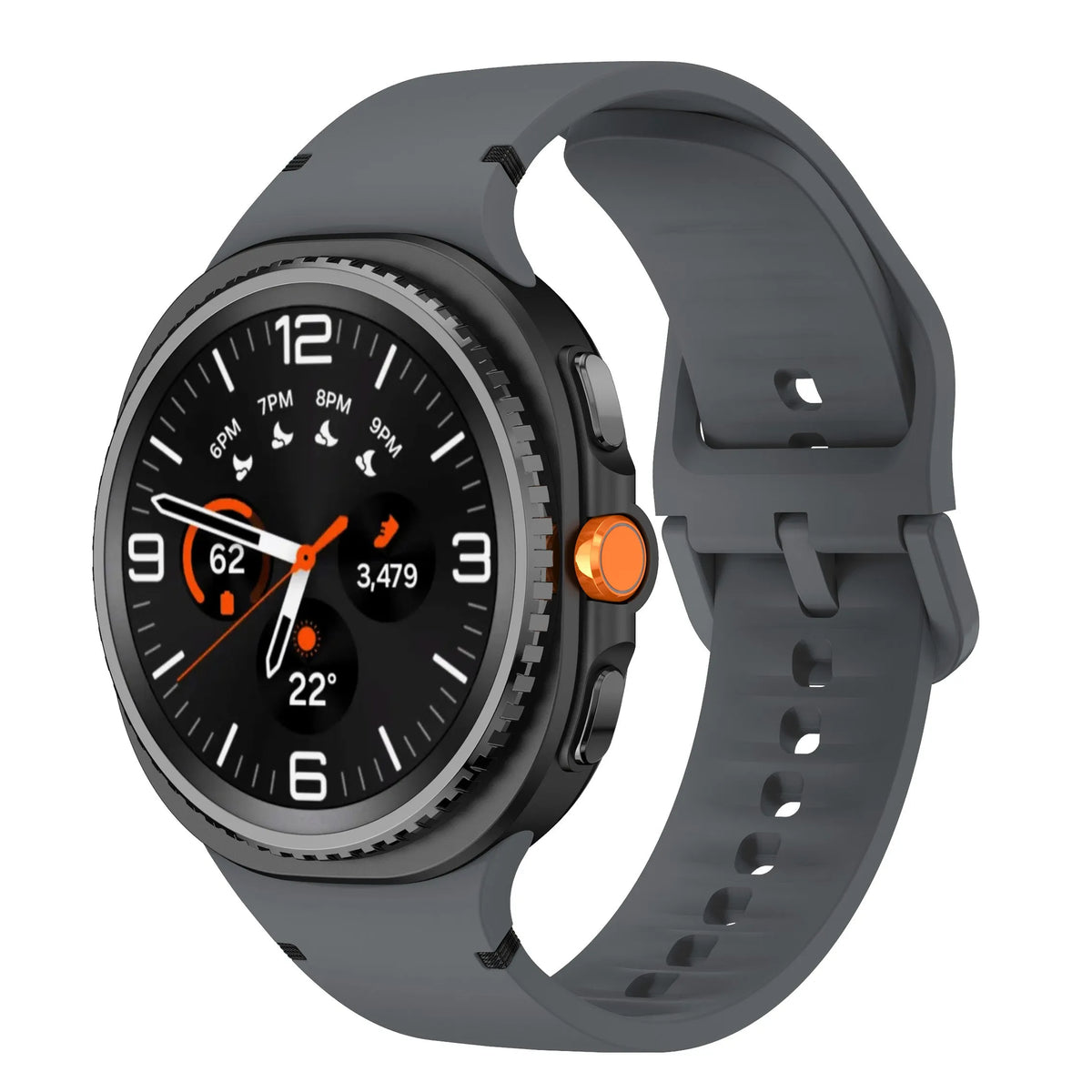 Silicone Strap, dark grey, on a watch, 3/4 front view