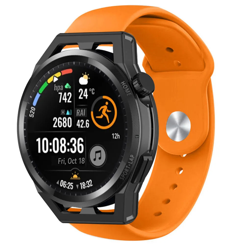Silicone Sport Strap, orange, on a watch, 3/4 front view