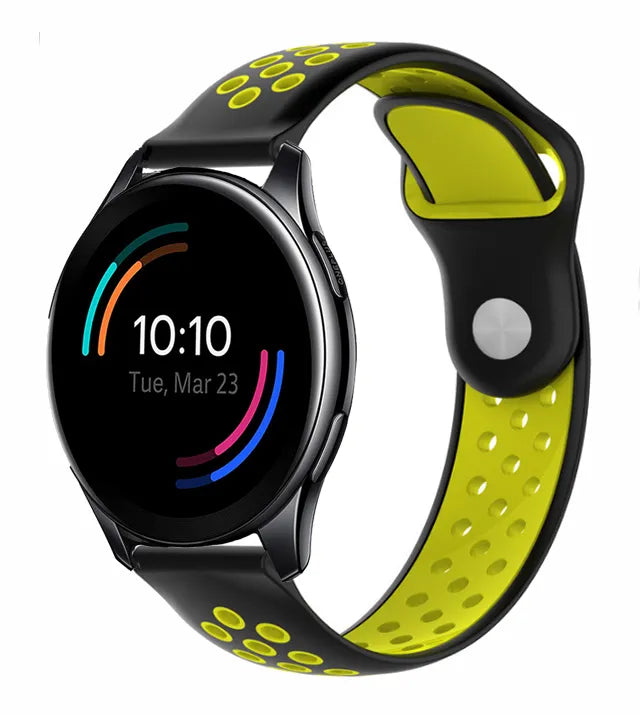 Silicone Sport Strap, black/yellow, on a watch, 3/4 front view
