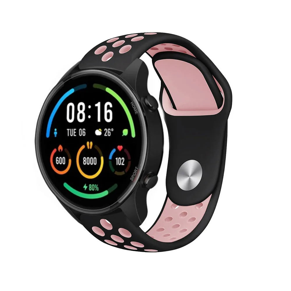Silicone Sport Strap, black/pink, on a watch, 3/4 front view