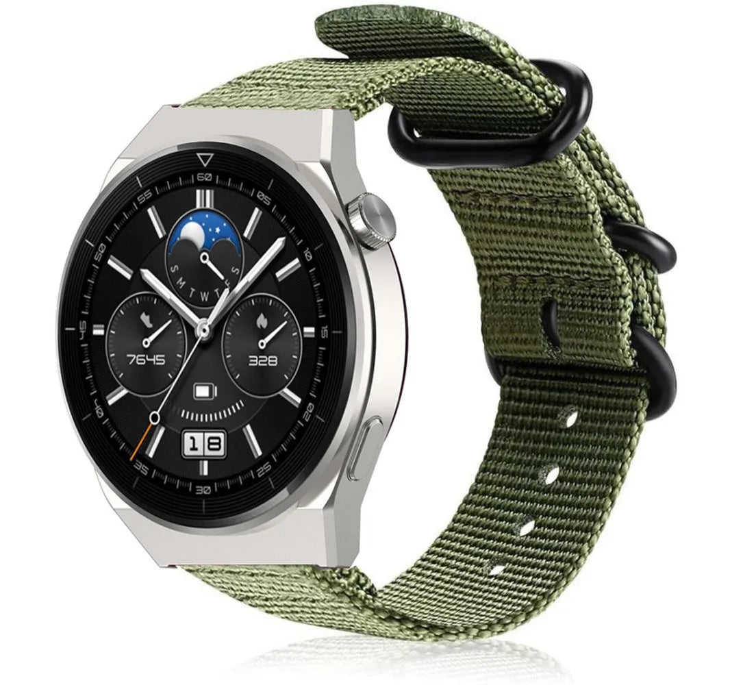 Nylon Buckle Strap, green, on a watch, 3/4 front view