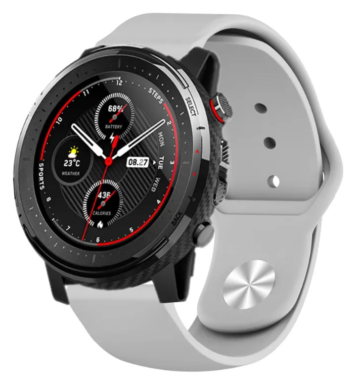 Silicone Sport Strap, grey, on a watch, 3/4 front view