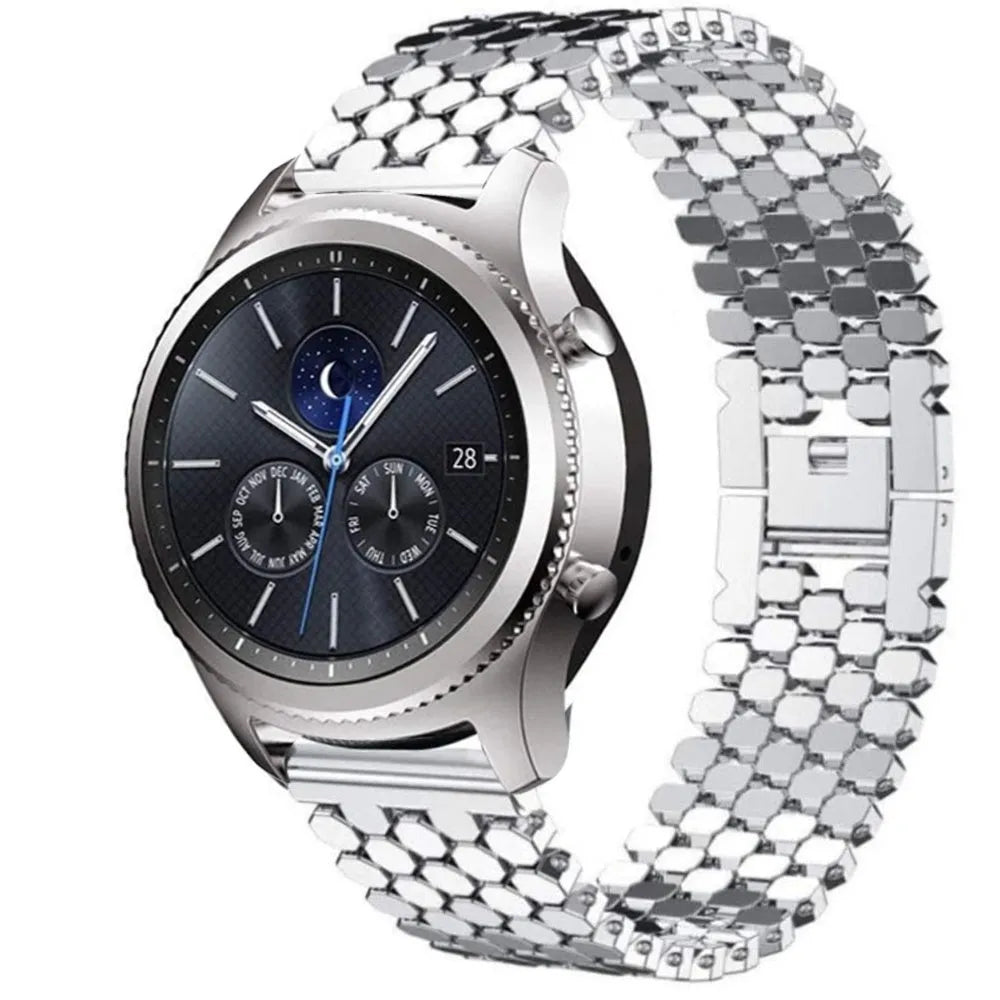 Steel Strap Hexagons, silver, on a watch, 3/4 front view