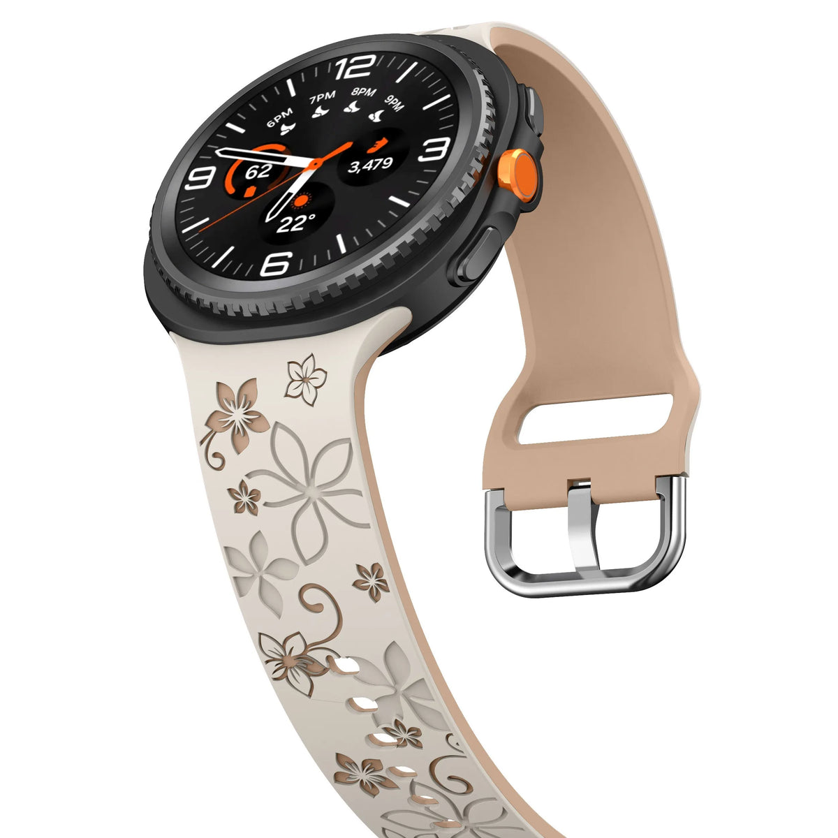 Flower Silicone Strap, starlight/beige, on a watch, 3/4 front view