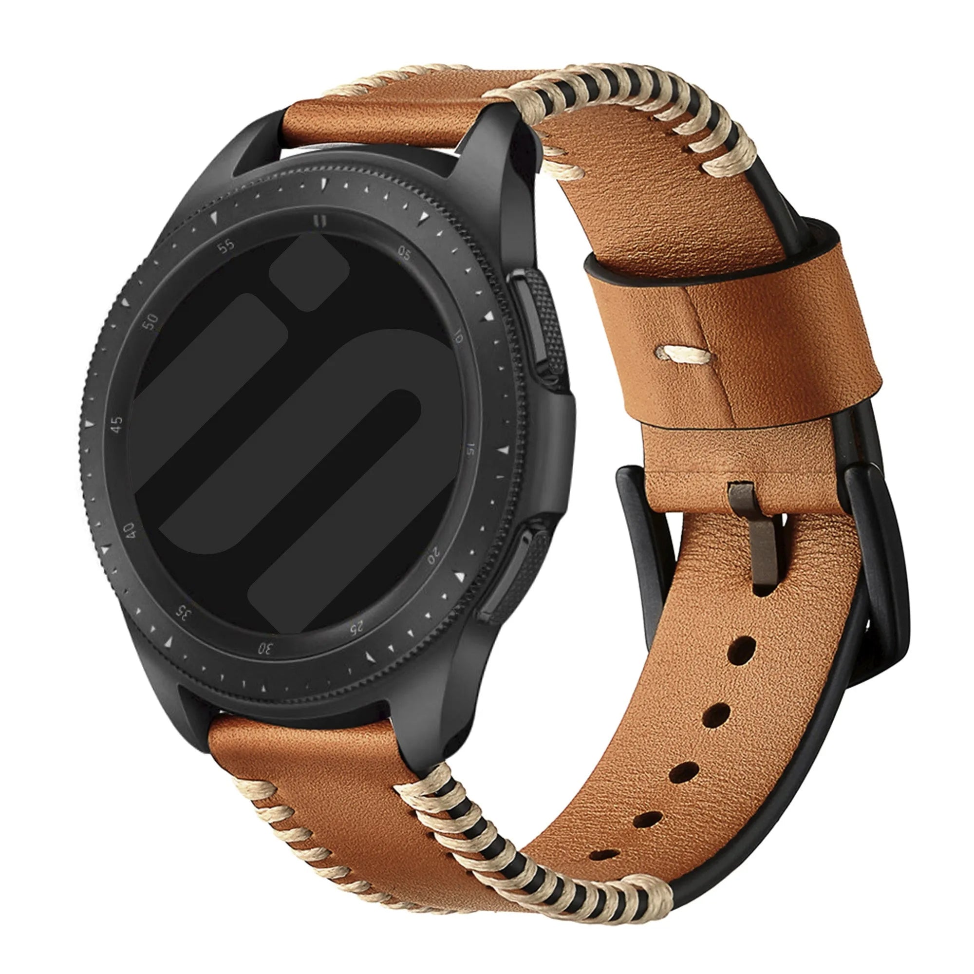 Stitched Leather Strap, brown, on a watch, 3/4 front view