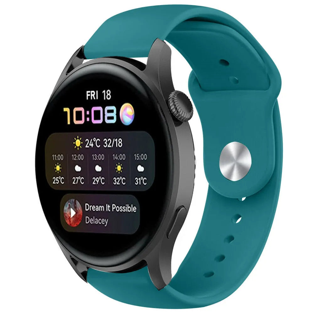 Silicone Sport Strap, green-blue, on a watch, 3/4 front view