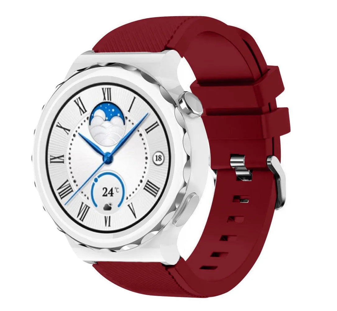 Twill Silicone Strap, burgundy, on a watch, 3/4 front view