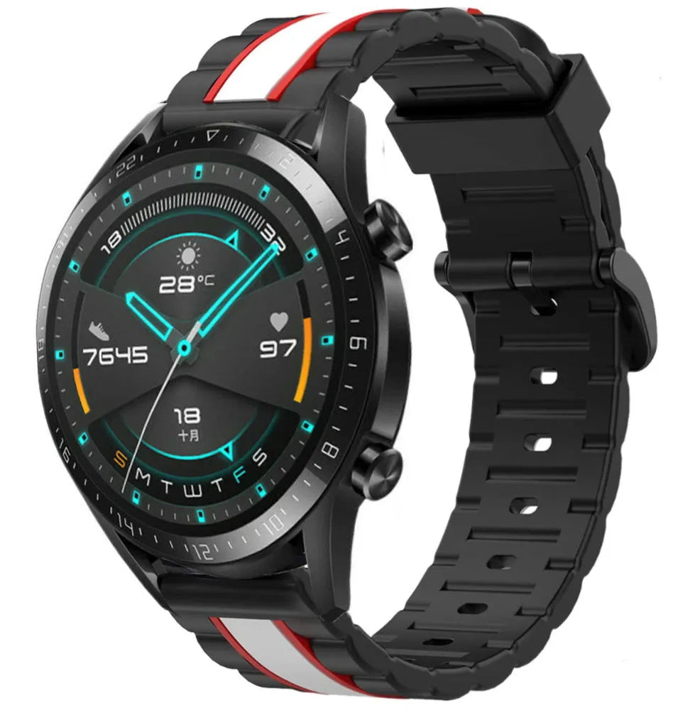 Silicone Special Edition Strap, black/white, on a watch, 3/4 front view