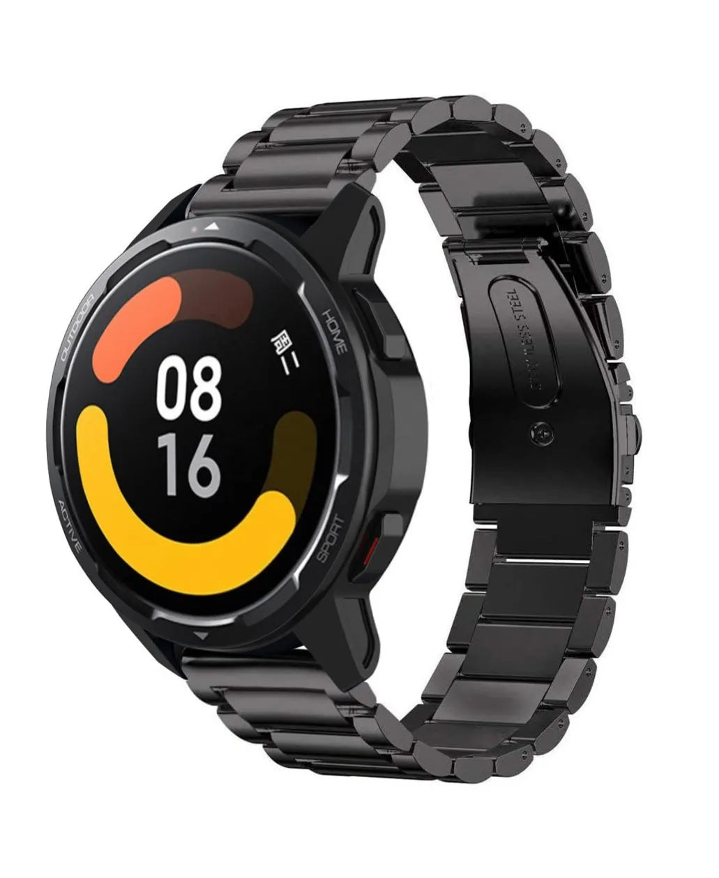 Titanium Strap, black, on a watch, 3/4 front view