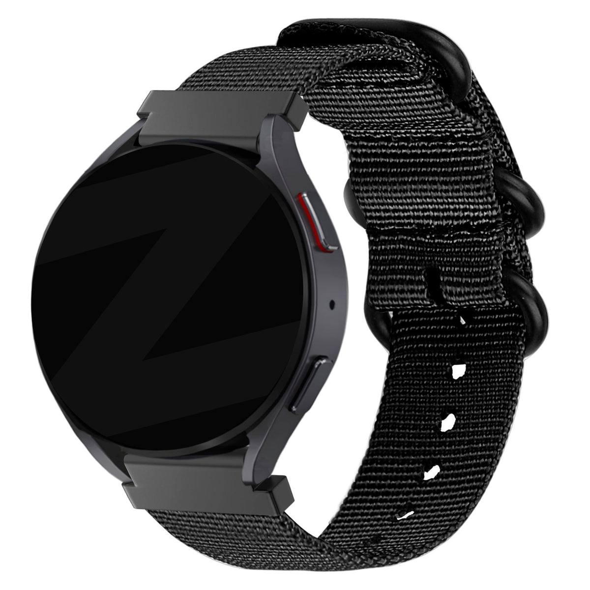 Buckled Nylon Strap, black, on a watch, 3/4 front view