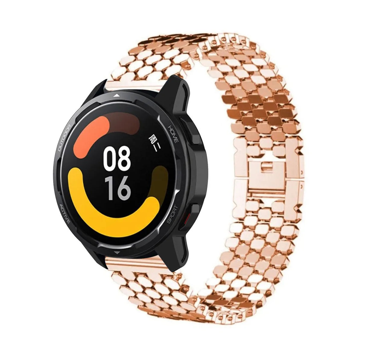 Steel Strap Hexagons, rose gold, on a watch, 3/4 front view