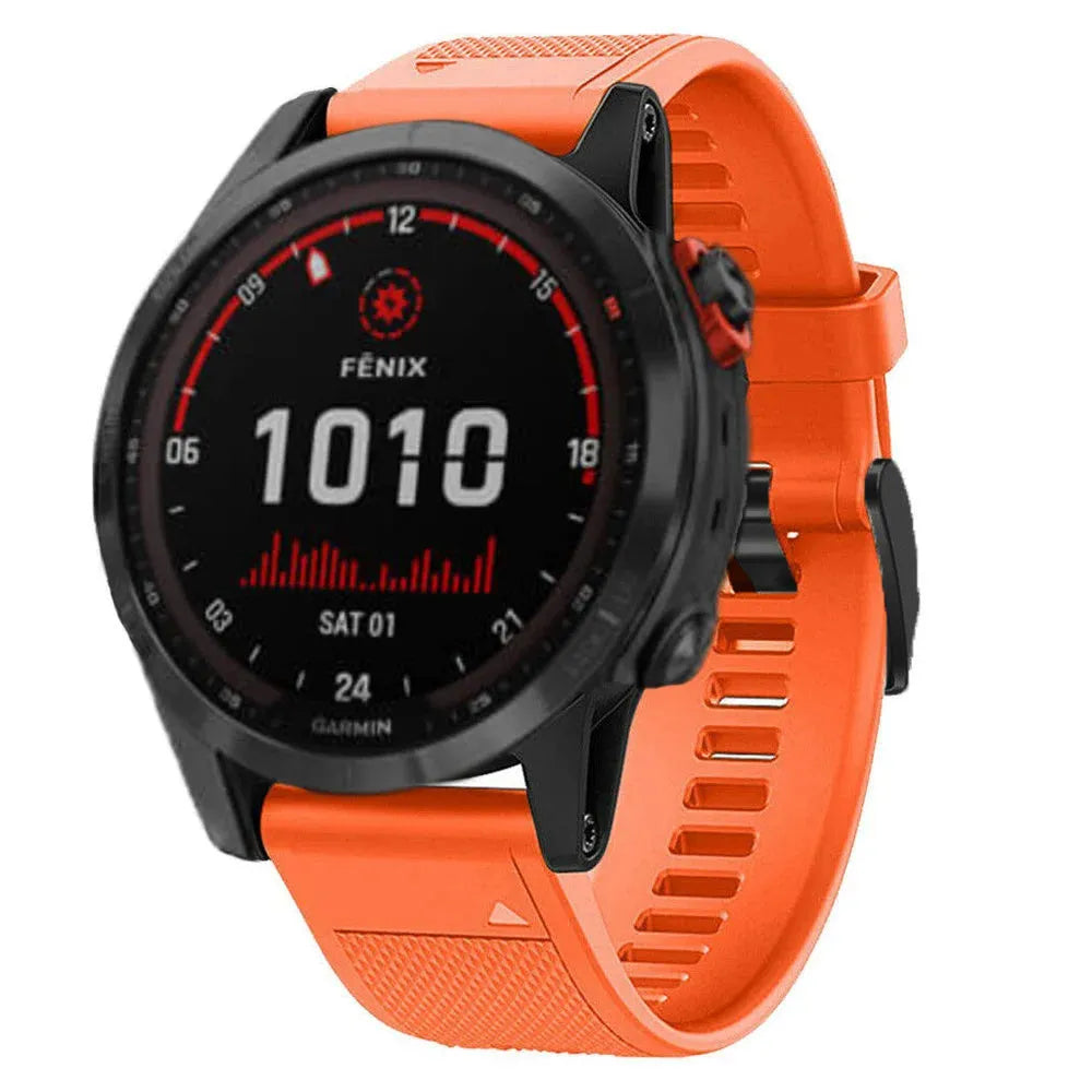 Silicone Strap, orange, on a watch, 3/4 front view
