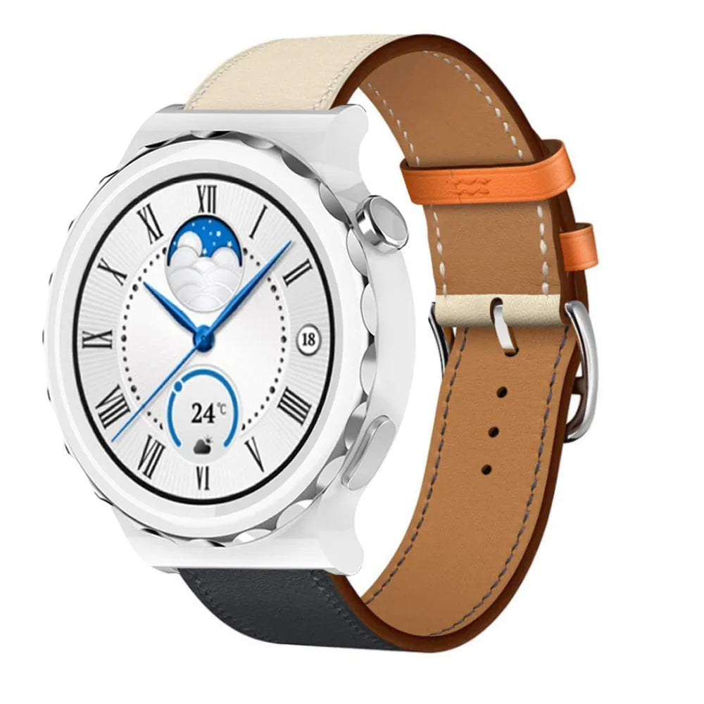Leather Strap 'Duo', dark blue, on a watch, 3/4 front view