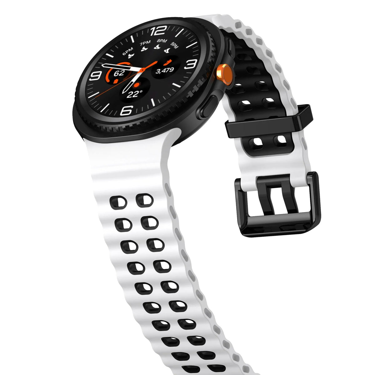 Silicone Ocean Strap, white/black, on a watch, 3/4 front view