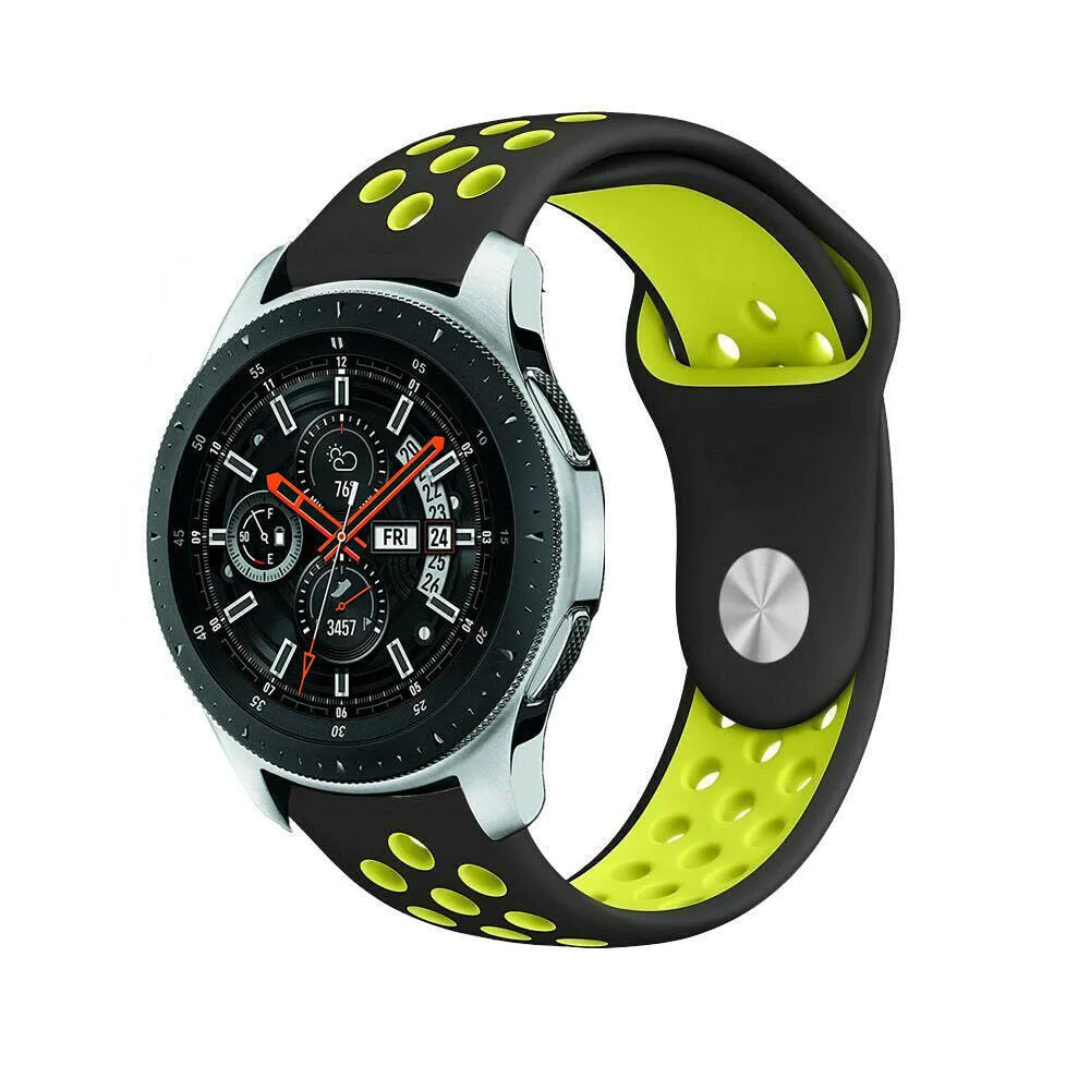 Silicone Sport Strap, black/yellow, on a watch, 3/4 front view