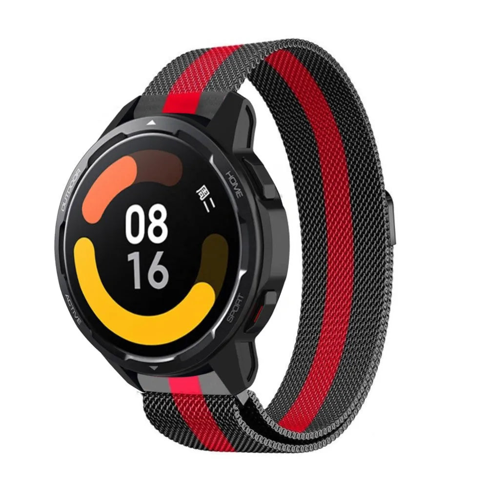 Milanese Strap, black/red, on a watch, 3/4 front view
