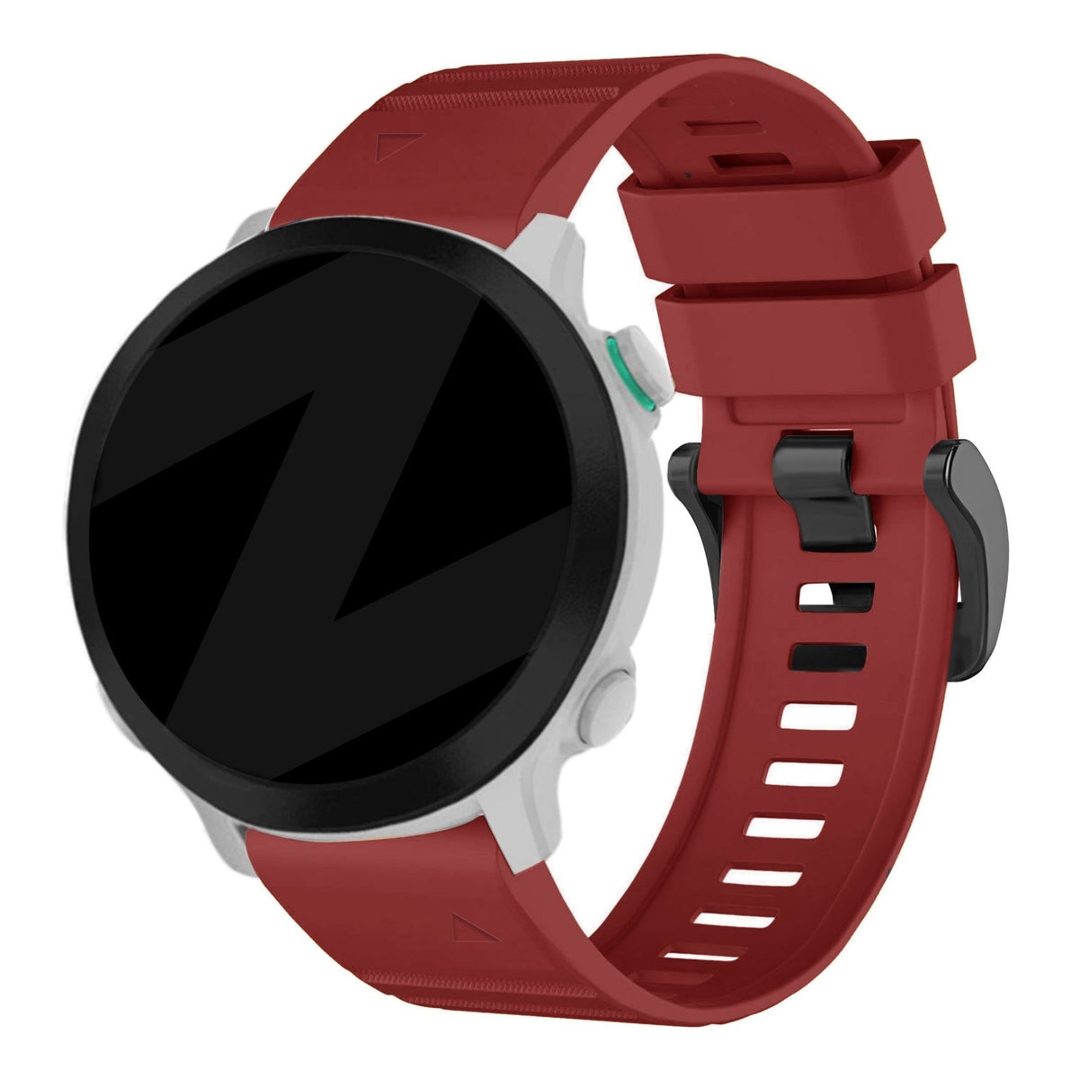 Buckled Silicone Strap, red, on a watch, 3/4 rear view