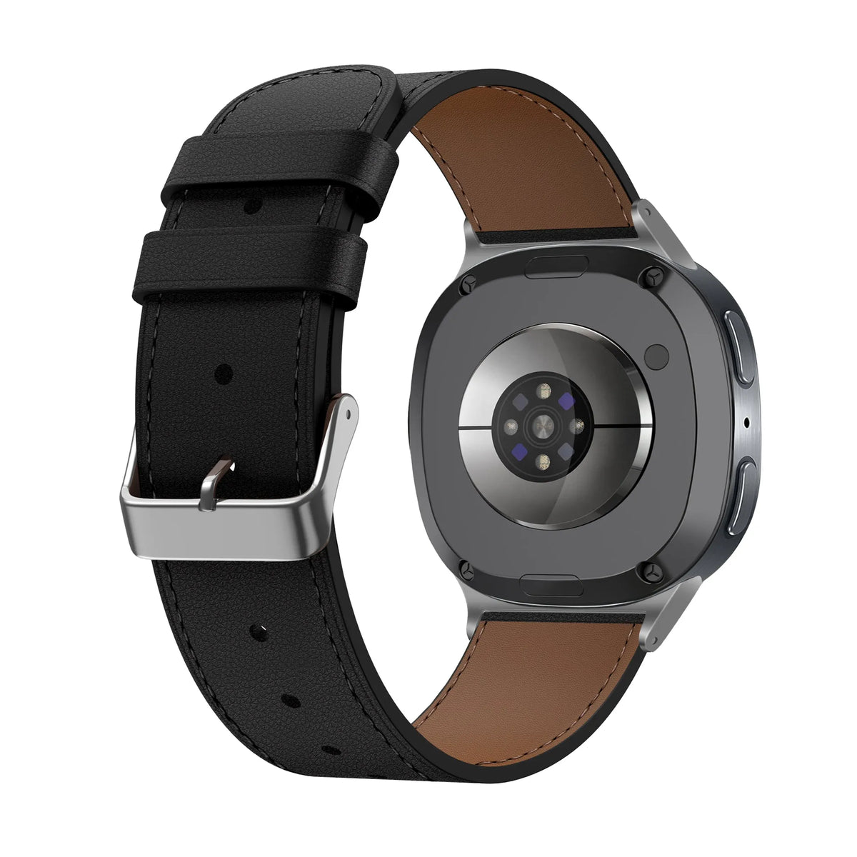 Modern Leather Strap, black, on a watch, 3/4 rear view
