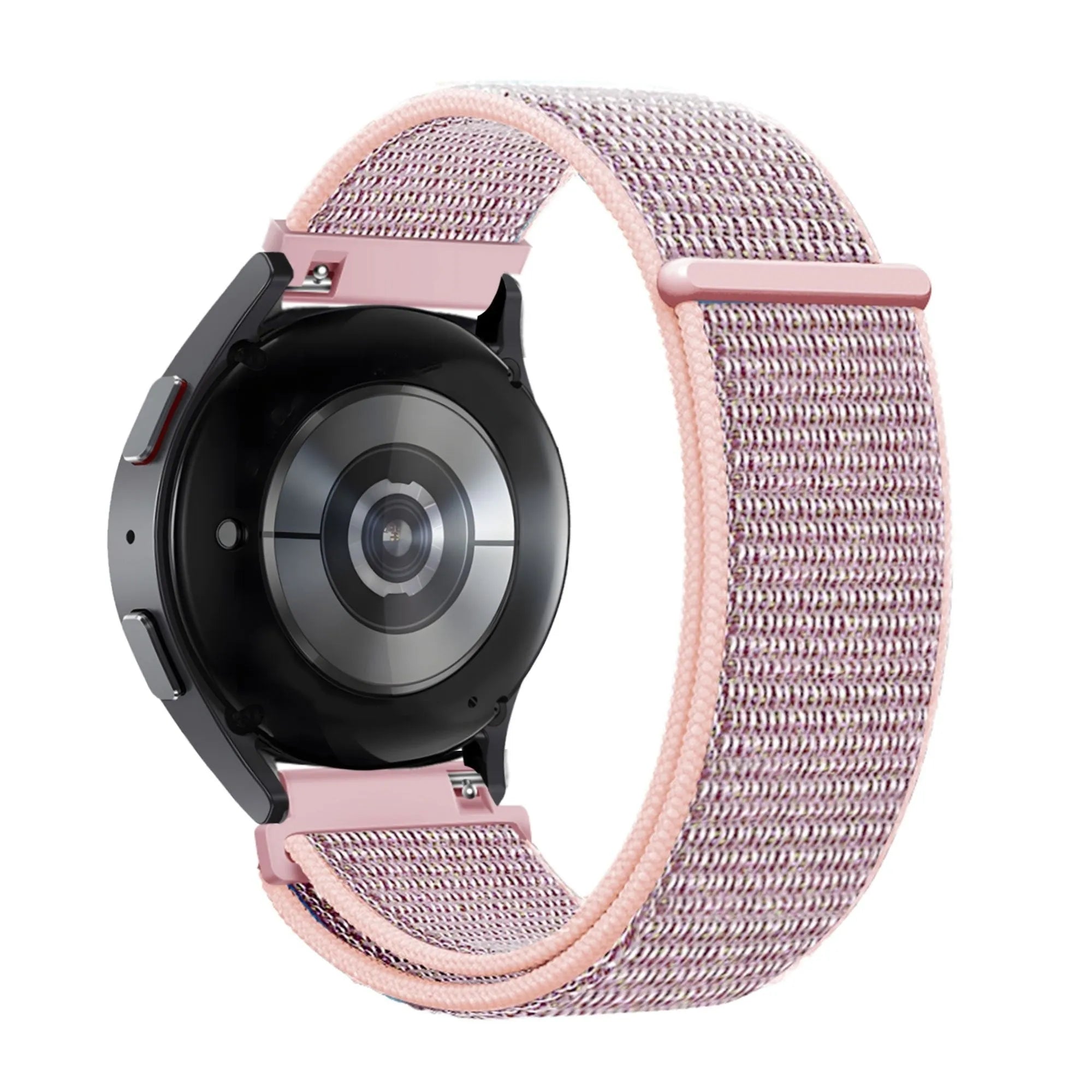 Nylon Loop Strap, pink, on a watch, 3/4 rear view