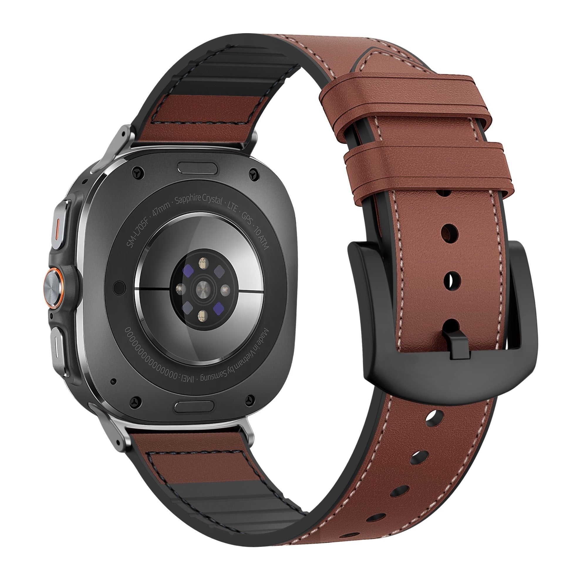 Leather Hybrid Strap with Buckle, brown, on a watch, 3/4 rear view