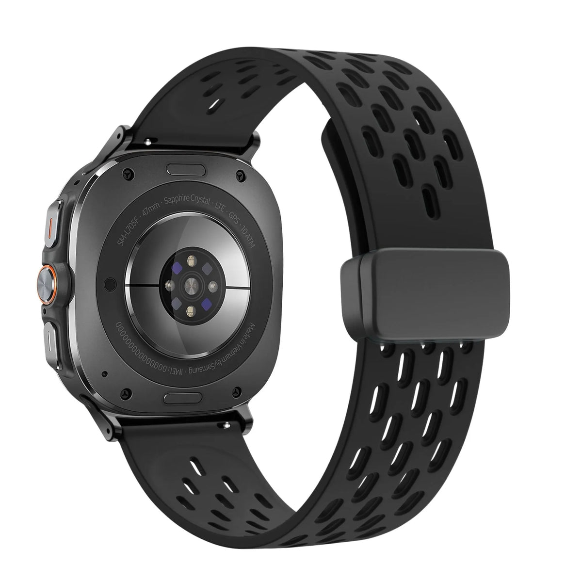 Silicone D-Buckle Sport Strap 'Air', black, on a watch, 3/4 rear view