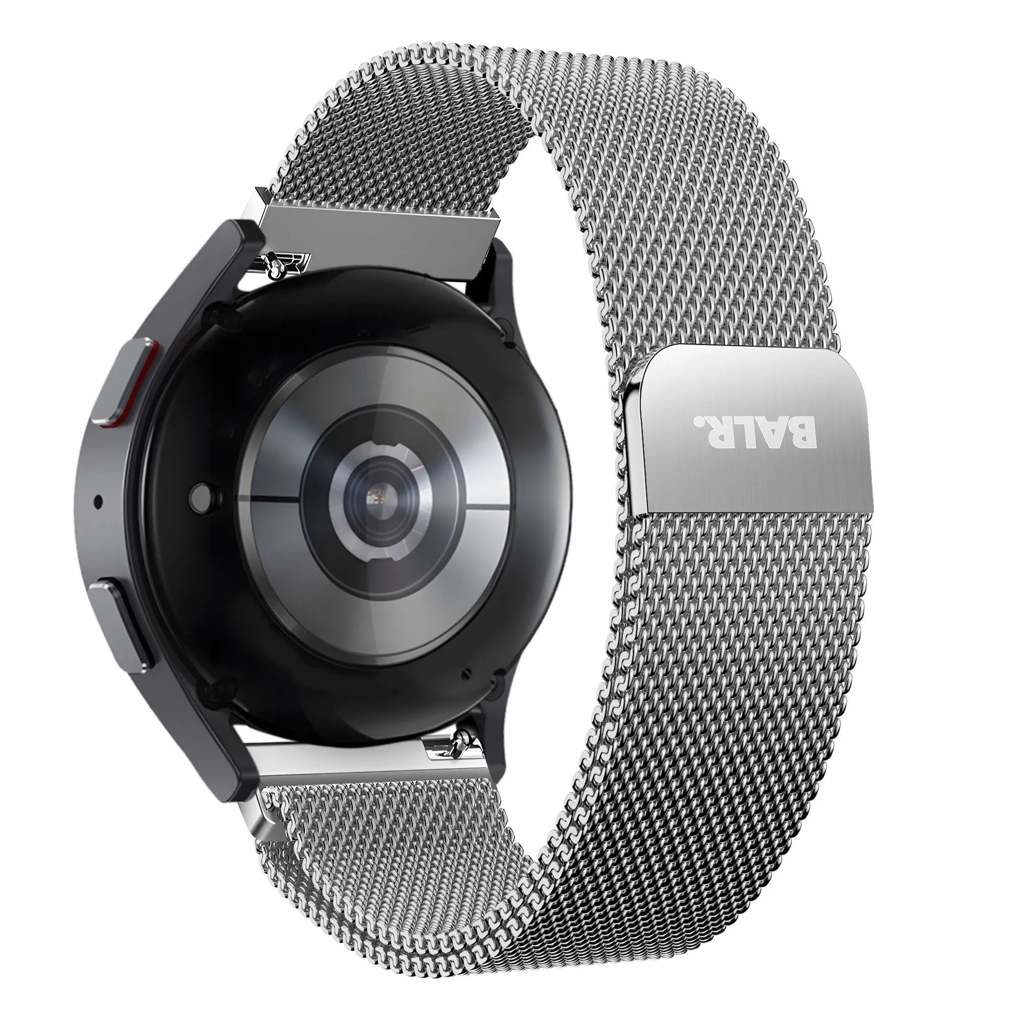 Milanese Strap, silver, on a watch, 3/4 rear view