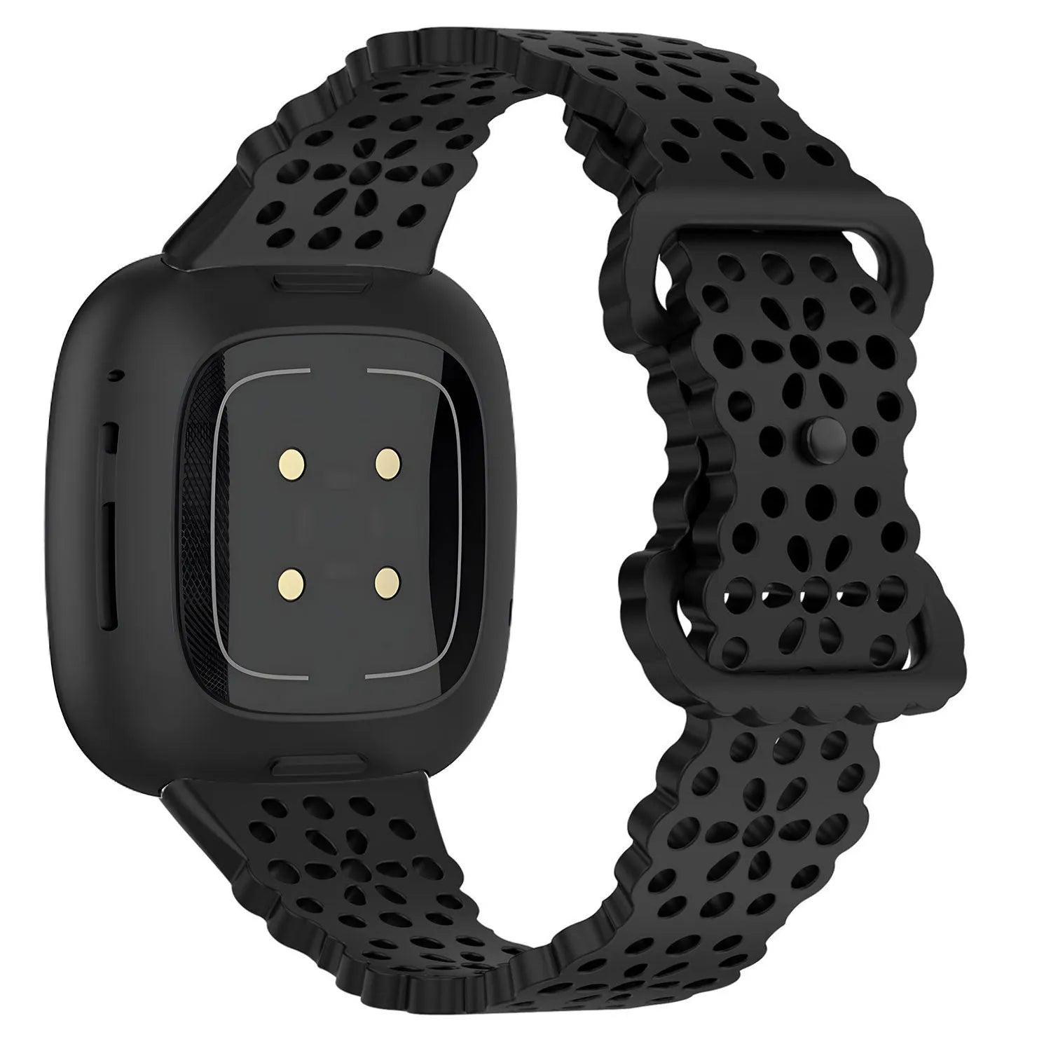 Patterned Silicone Strap, black, on a watch, 3/4 rear view