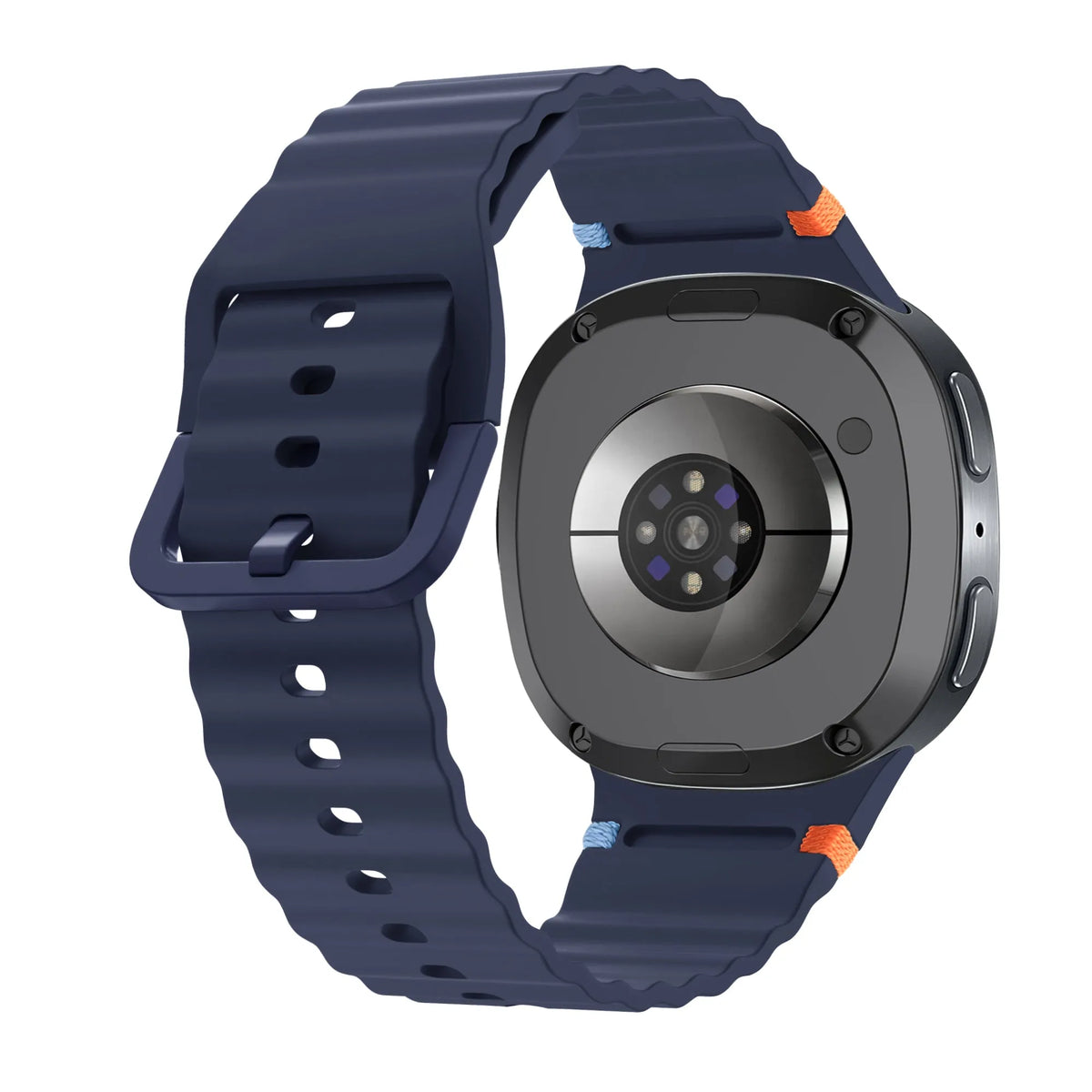 Wave Silicone Strap, dark blue, on a watch, 3/4 rear view