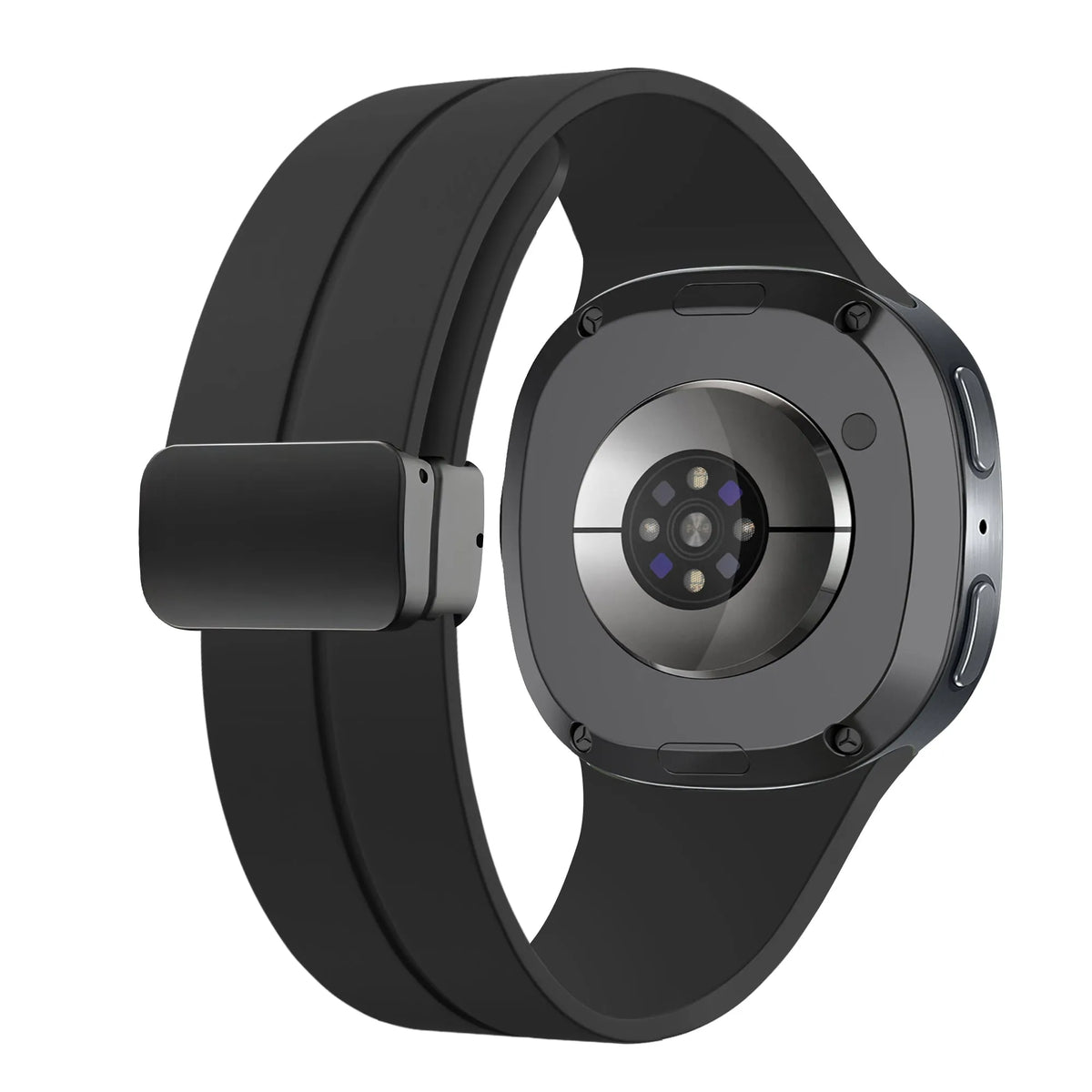 D-Buckle Silicone Strap, black, on a watch, 3/4 rear view