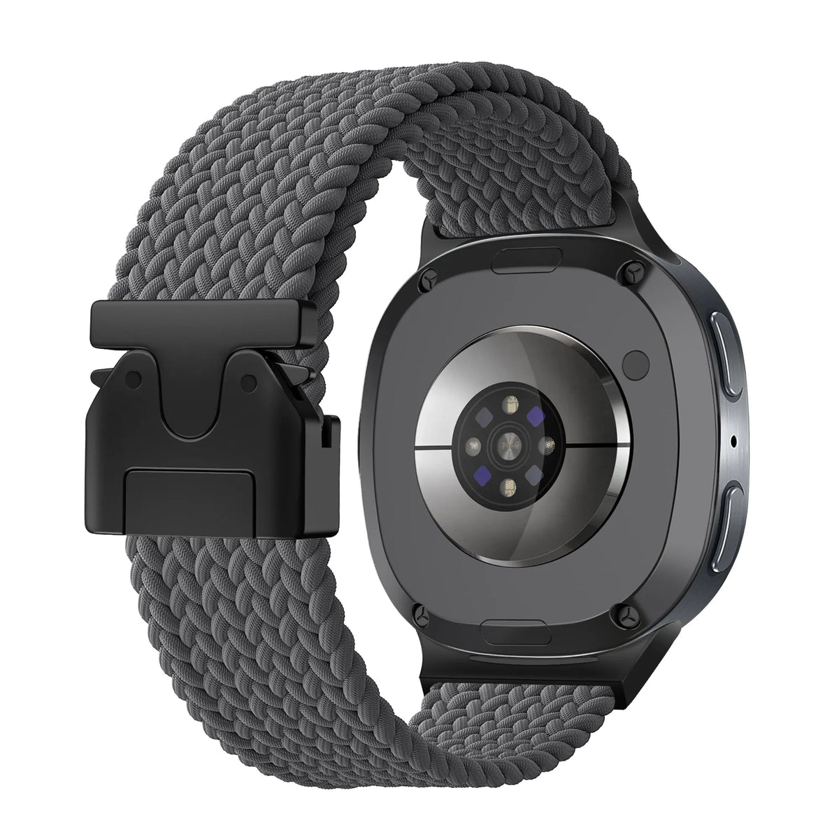 Nylon Braided Strap P-Buckle, dark grey, on a watch, 3/4 rear view